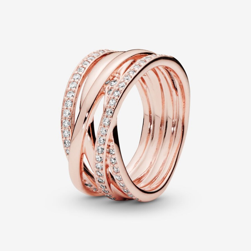 Rose Gold Plated Pandora Sparkling & Polished Lines Band Rings | 203-SWMKDR