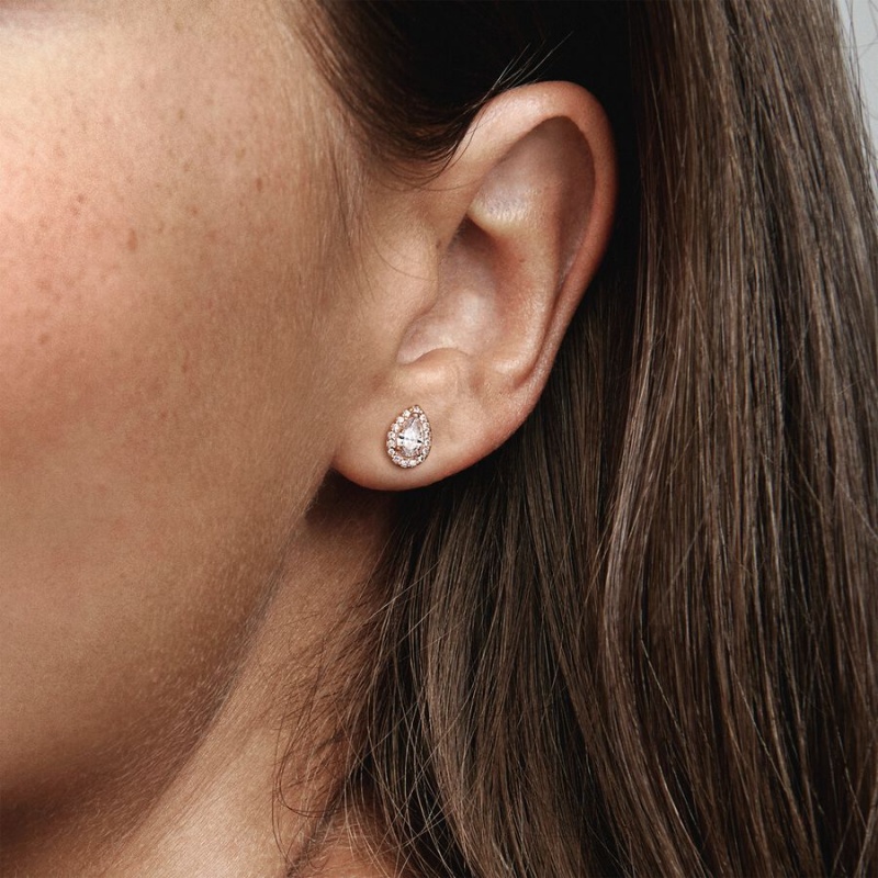 Rose Gold Plated Pandora Teardrop Halo Stud Earrings | 701-VKNUIF