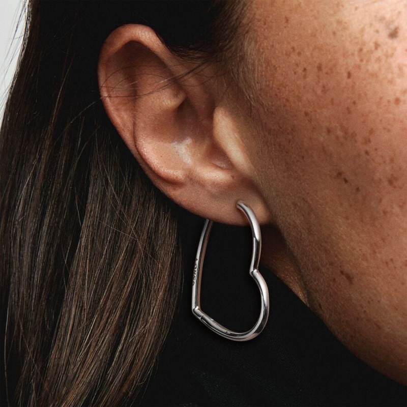 Sterling Silver Pandora Asymmetrical Heart Hoop Earrings | 569-TVDECR
