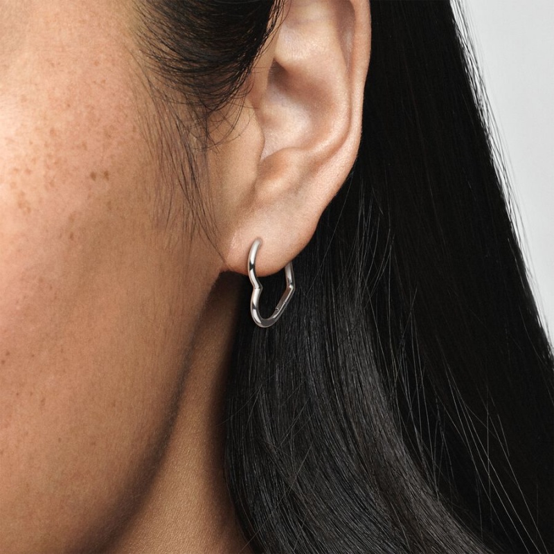 Sterling Silver Pandora Asymmetrical Heart Hoop Earrings | 130-HIQVGO