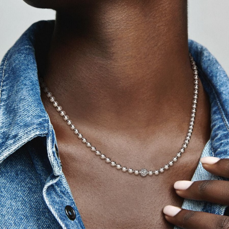 Sterling Silver Pandora Beads & Pavé Pendant Necklaces | 691-IOTXFQ