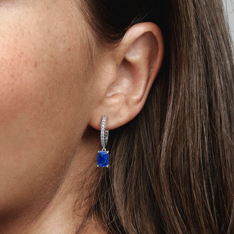 Sterling Silver Pandora Blue Rectangular Sparkling Hoop Earrings | 834-POQTDG