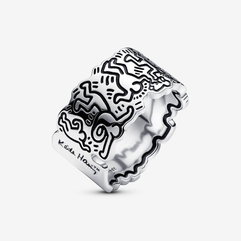Sterling Silver Pandora Keith Haring™ x Line Art Love and People Wide Band Rings | 942-UZSAOR