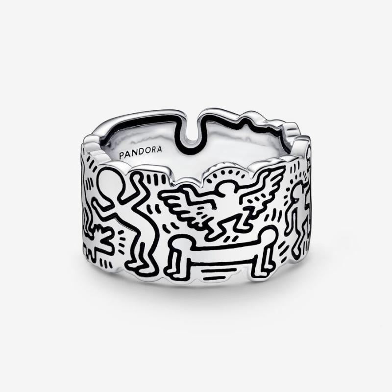 Sterling Silver Pandora Keith Haring™ x Line Art Love and People Wide Band Rings | 942-UZSAOR