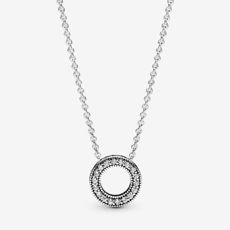 Sterling Silver Pandora Logo Pavé Circle Collier Chain Necklaces | 012-LFOWPB