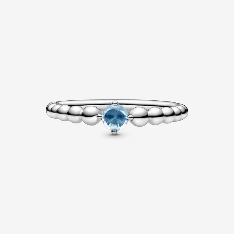 Sterling Silver Pandora March Aqua Blue Beaded Birthstone Rings | 569-HJXIDC