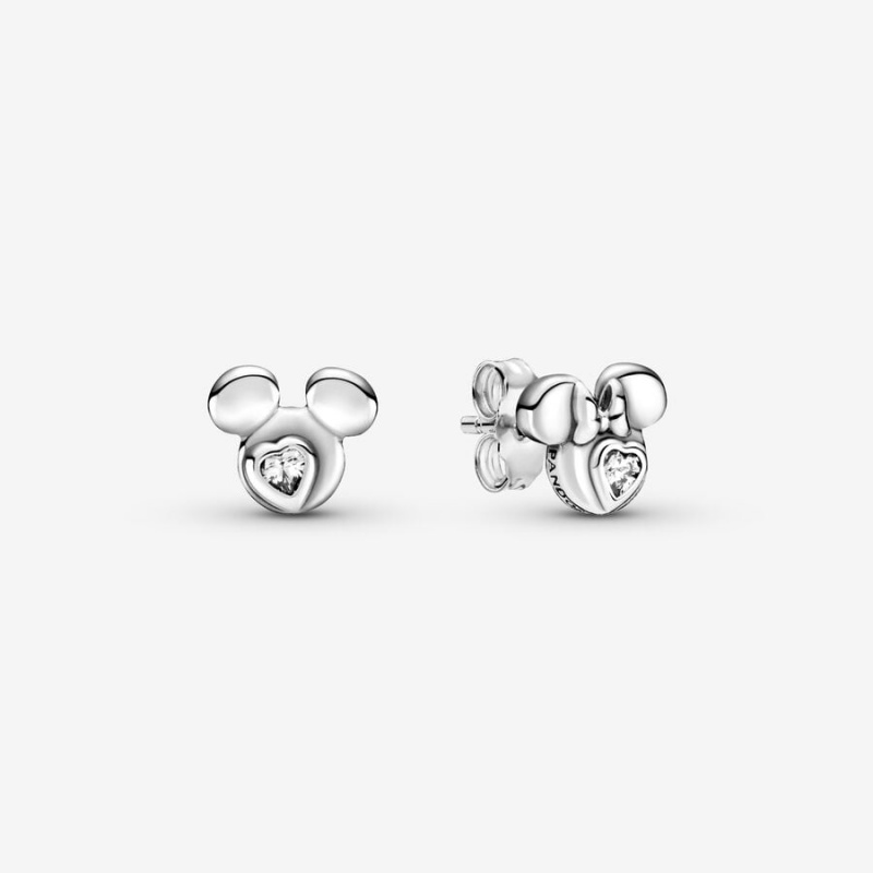 Sterling Silver Pandora Mickey Mouse & Minnie Mouse Silhouettes Stud Earrings | 835-CUQWFT