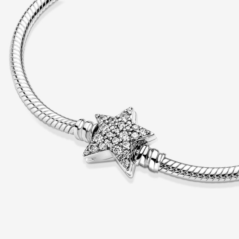 Sterling Silver Pandora Moments Asymmetric Star Clasp Snake Charm Bracelets | 042-CHYNLJ