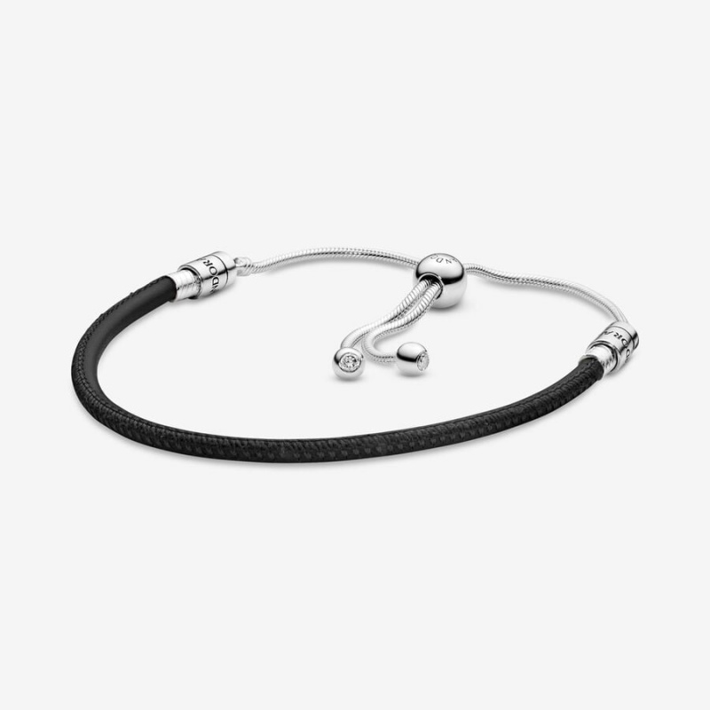 Sterling Silver Pandora Moments Black Leather Slider Leather Bracelets | 871-ZWGBEK