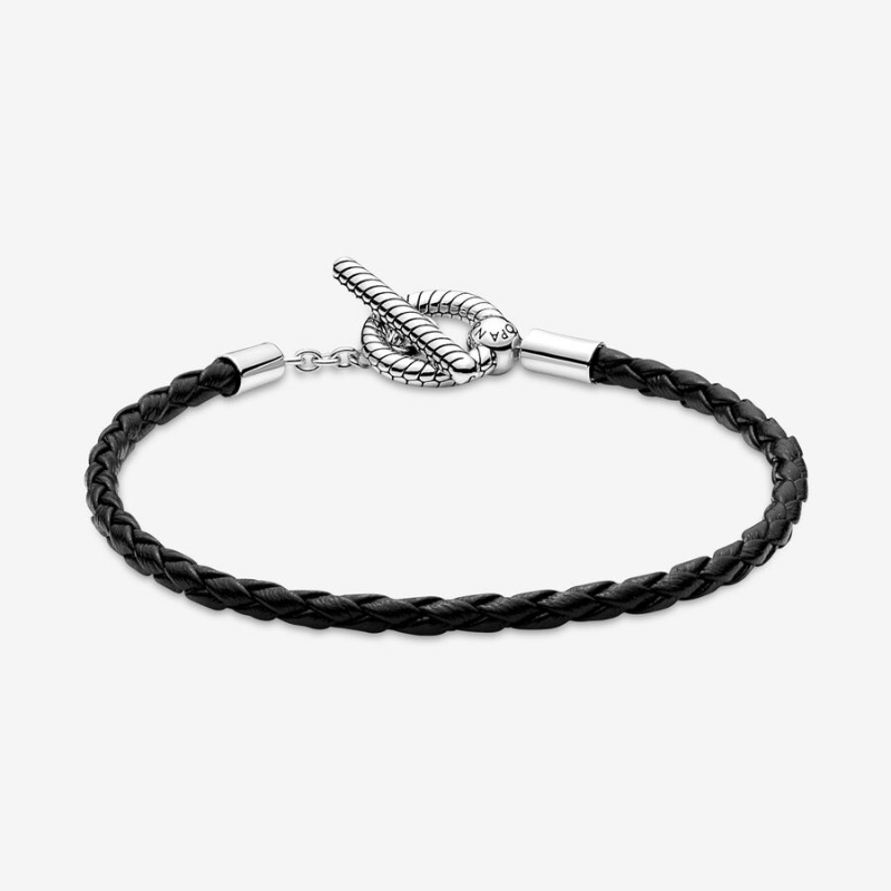 Sterling Silver Pandora Moments Braided Leather T-bar Leather Bracelets | 371-IKMGRP