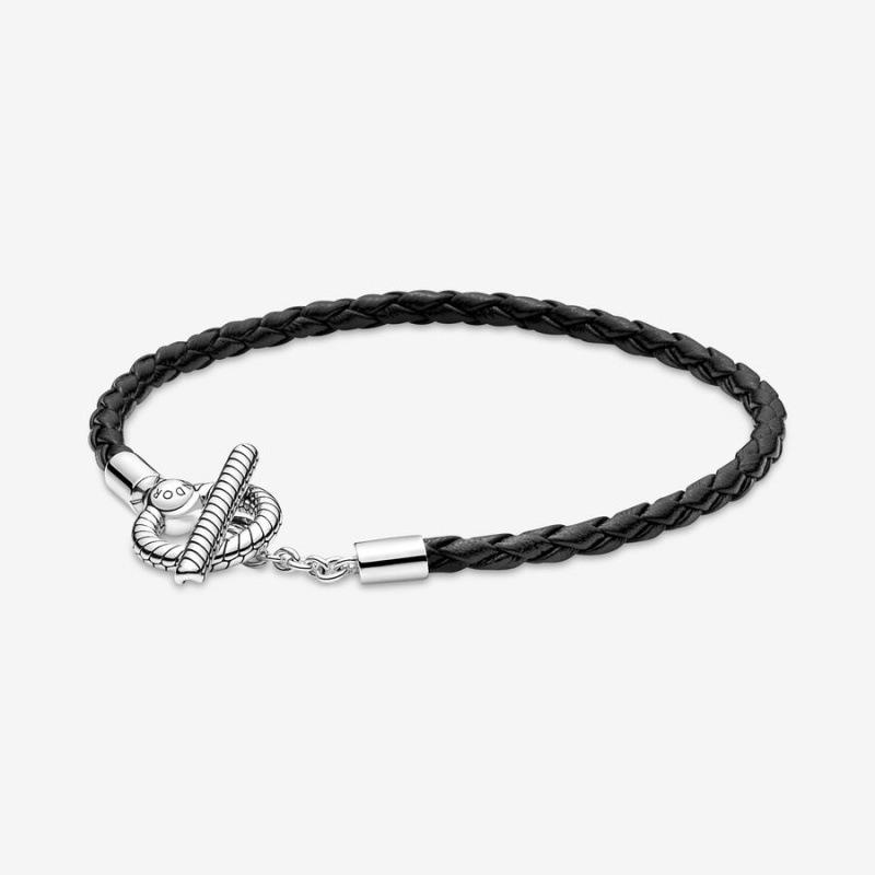 Sterling Silver Pandora Moments Braided Leather T-bar Leather Bracelets | 371-IKMGRP