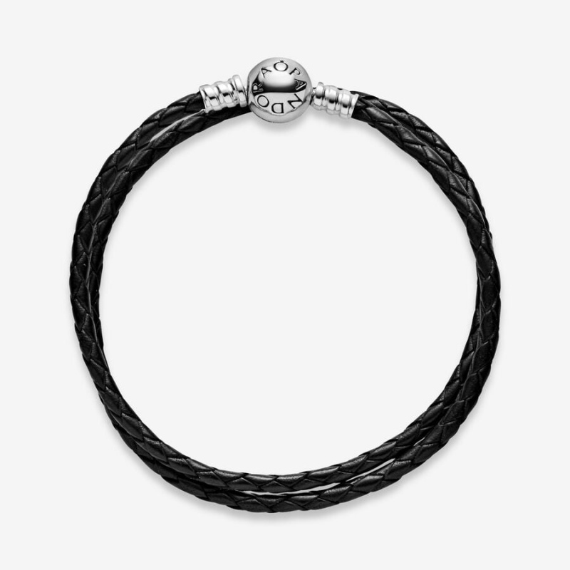 Sterling Silver Pandora Moments Double Black Leather Charm Bracelets | 612-VNLFEP