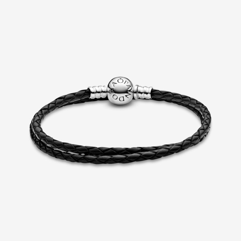 Sterling Silver Pandora Moments Double Black Leather Charm Bracelets | 612-VNLFEP