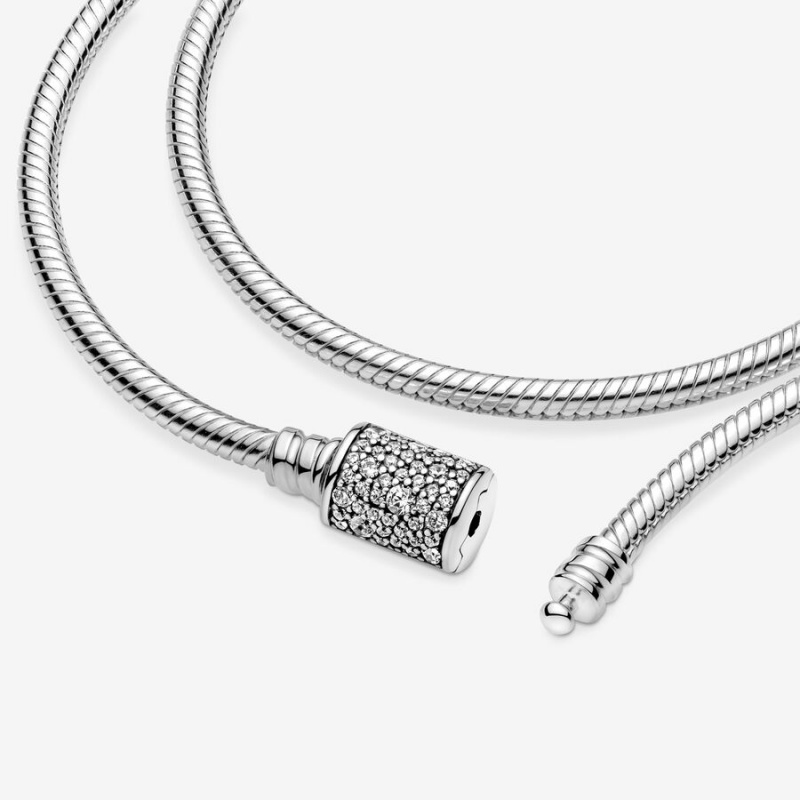 Sterling Silver Pandora Moments Double Wrap Barrel Clasp Snake/Necklace Chain Necklaces | 572-UCBPEK
