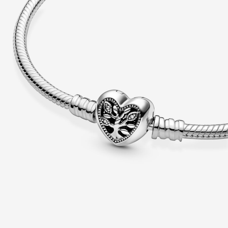 Sterling Silver Pandora Moments Family Tree Heart Clasp Snake Charm Bracelets | 249-VGJOKF