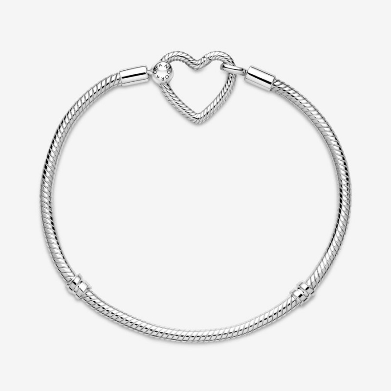 Sterling Silver Pandora Moments Heart Closure Snake Charm Bracelets | 819-PXTWQM