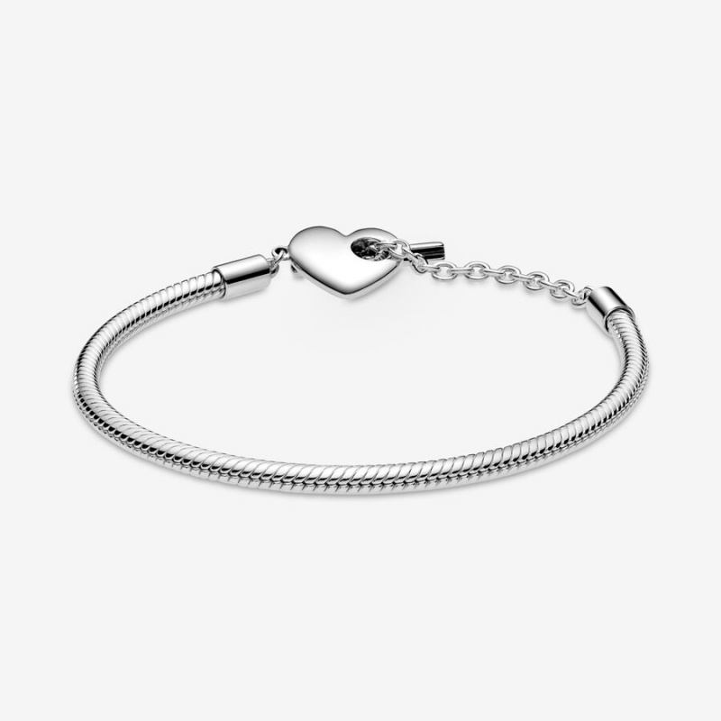 Sterling Silver Pandora Moments Heart T-Bar Snake Charm Bracelets | 716-AVZXPW