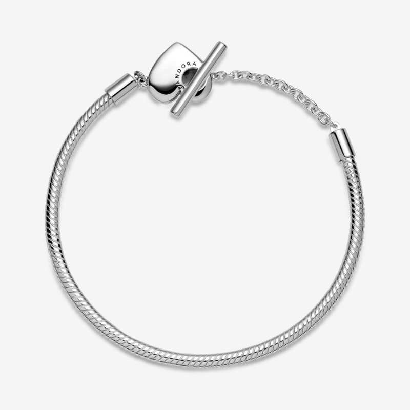 Sterling Silver Pandora Moments Heart T-Bar Snake Charm Bracelets | 716-AVZXPW