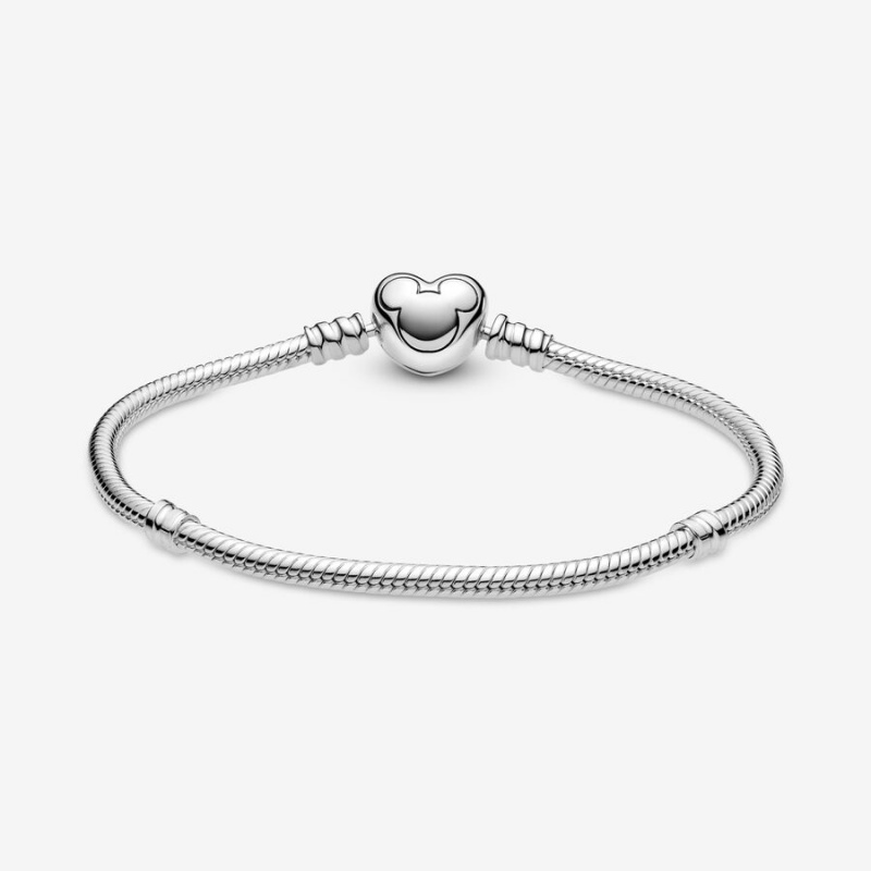 Sterling Silver Pandora Moments Mickey Mouse Heart Clasp Snake Chain Bracelets | 693-CGHIBL