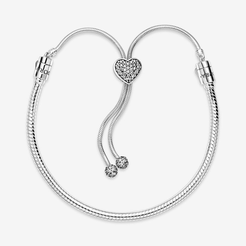 Sterling Silver Pandora Moments Pavé Heart Clasp Snake Slider Sliding Bracelets | 984-GNIUDZ