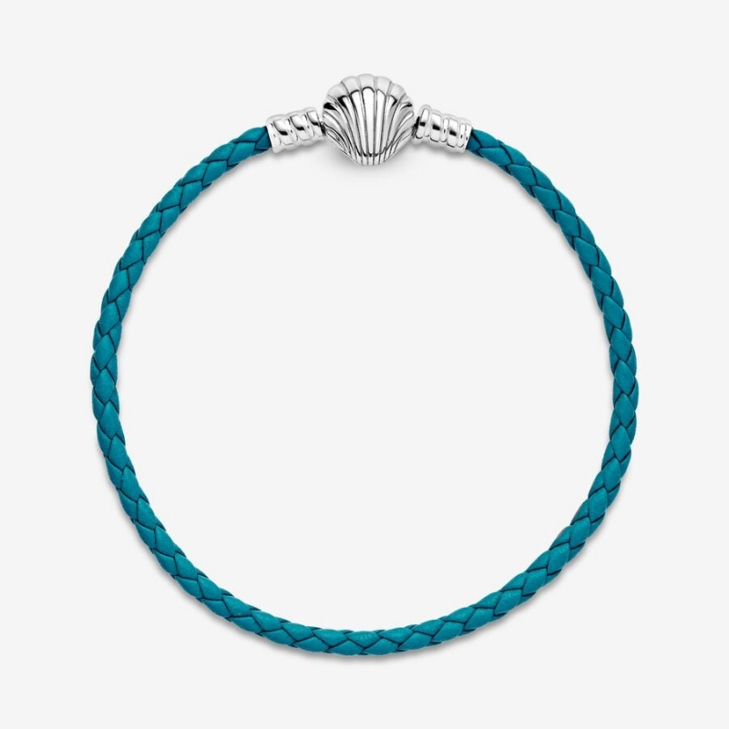 Sterling Silver Pandora Moments Seashell Clasp Turquoise Braided Leather Bracelets | 405-OWTNGK