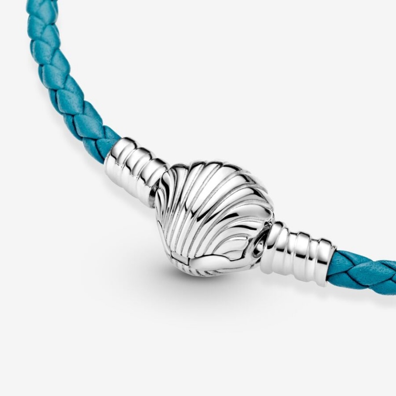 Sterling Silver Pandora Moments Seashell Clasp Turquoise Braided Leather Bracelets | 405-OWTNGK