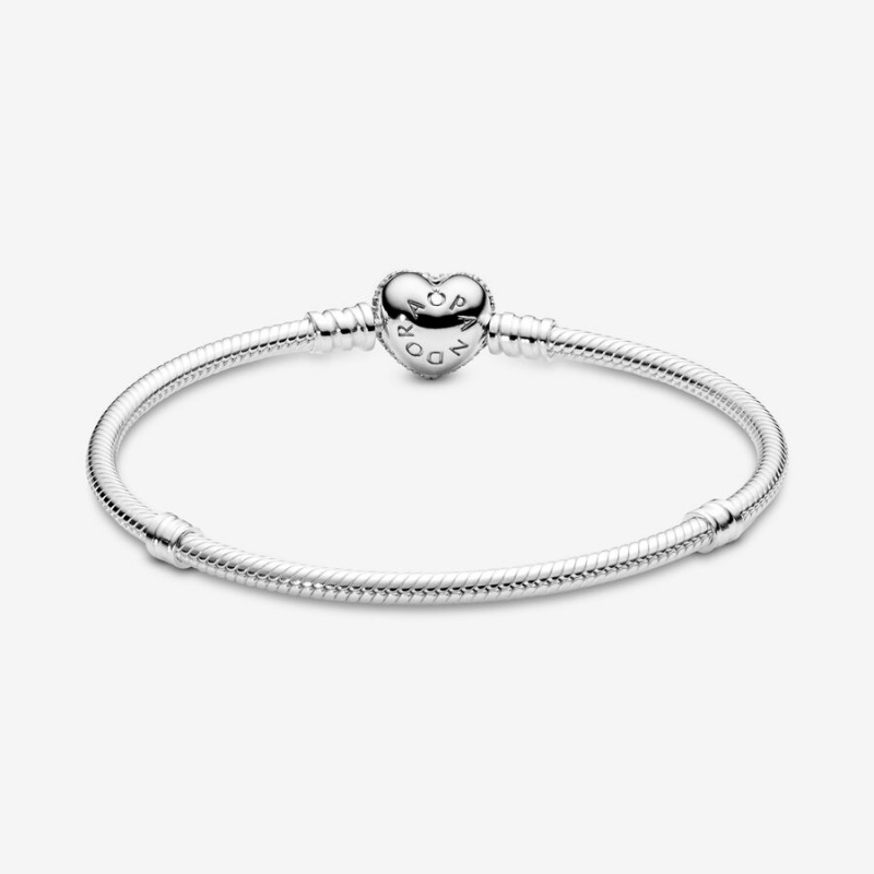 Sterling Silver Pandora Moments Sparkling Heart Clasp Snake Charm Bracelets | 704-CAWGPU