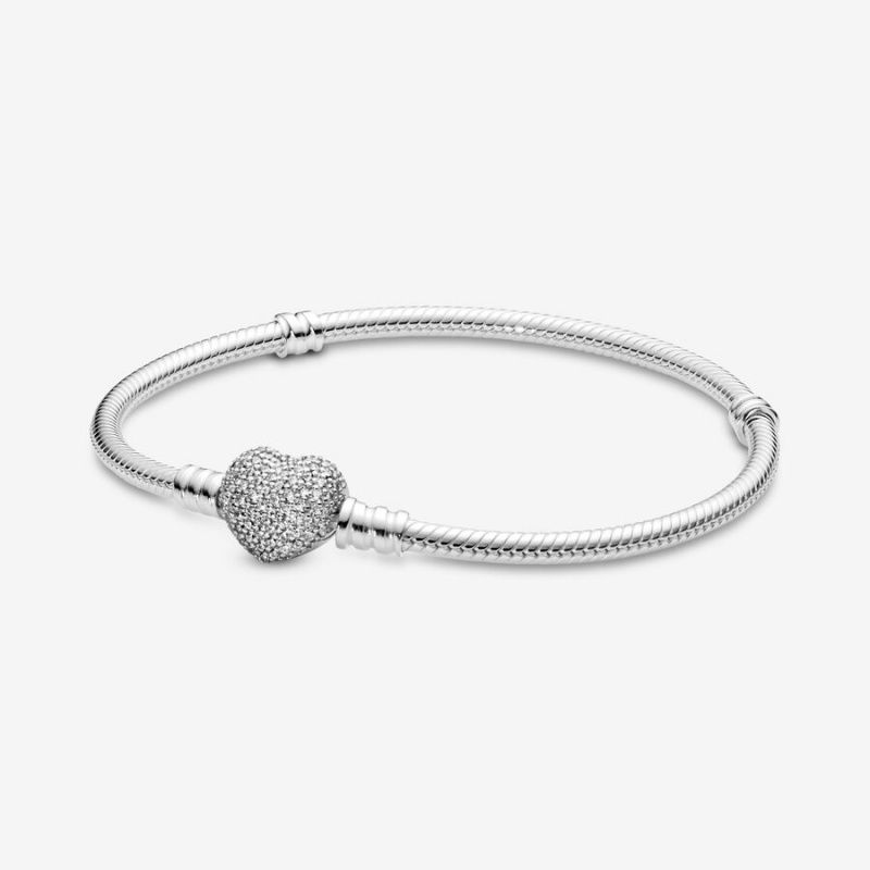 Sterling Silver Pandora Moments Sparkling Heart Clasp Snake Charm Bracelets | 704-CAWGPU