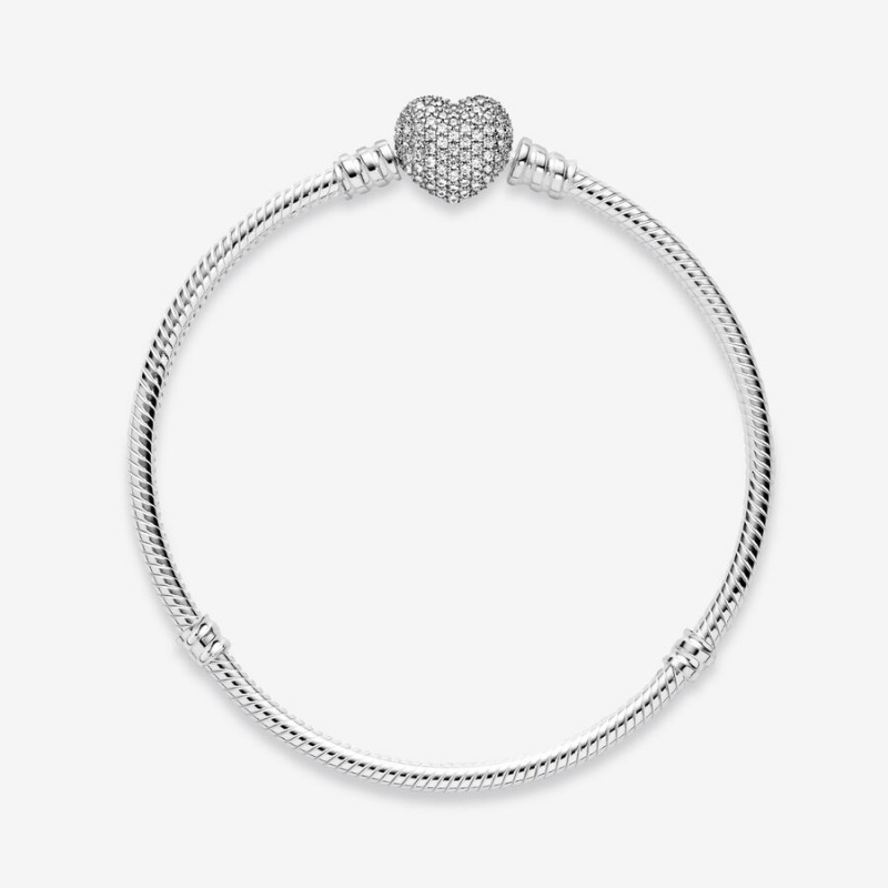 Sterling Silver Pandora Moments Sparkling Heart Clasp Snake Charm Holders | 745-XYUWCL