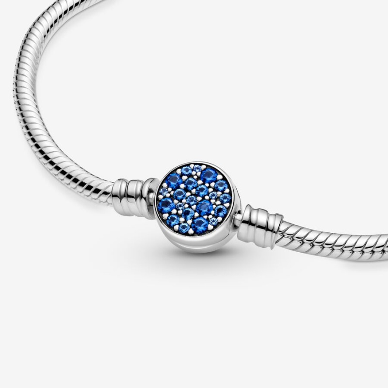 Sterling Silver Pandora Moments Sparkling Blue Disc Clasp Snake Chain Bracelets | 682-NZMQHC
