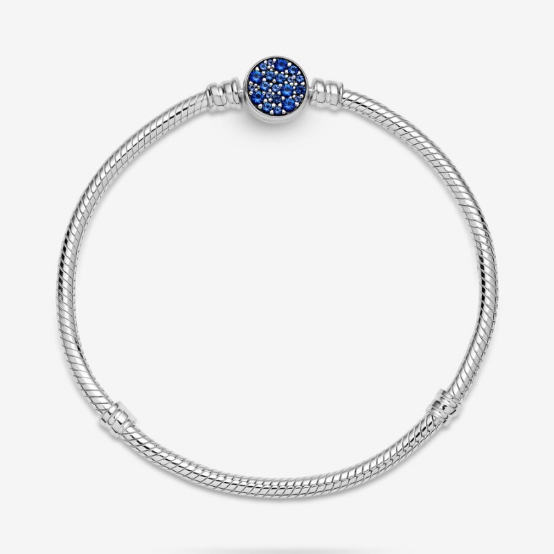 Sterling Silver Pandora Moments Sparkling Blue Disc Clasp Snake Chain Bracelets | 682-NZMQHC