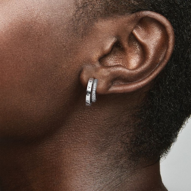 Sterling Silver Pandora Pavé Double Hoop Earrings | 259-XNIZOQ