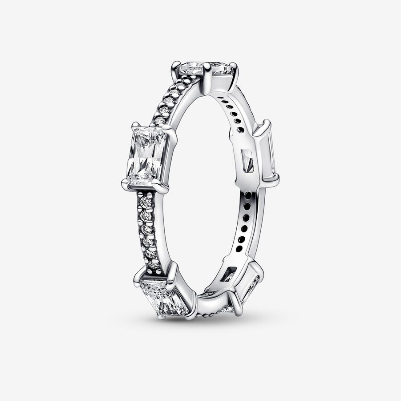 Sterling Silver Pandora Rectangular Bars Sparkling Pavé Stackable Rings | 590-XAWTOY