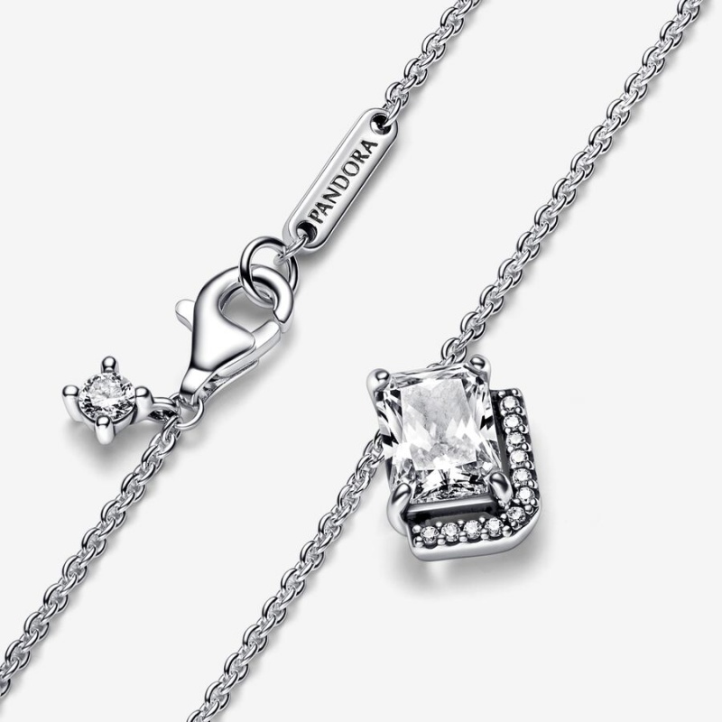 Sterling Silver Pandora Rectangular Sparkling Halo Collier Pendant Necklaces | 152-XJBHZN