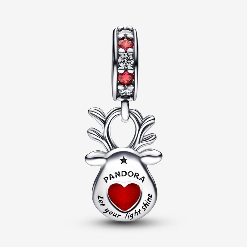 Sterling Silver Pandora Red Nose Reindeer Murano Dangle Dangle Charms | 694-EHOZUS