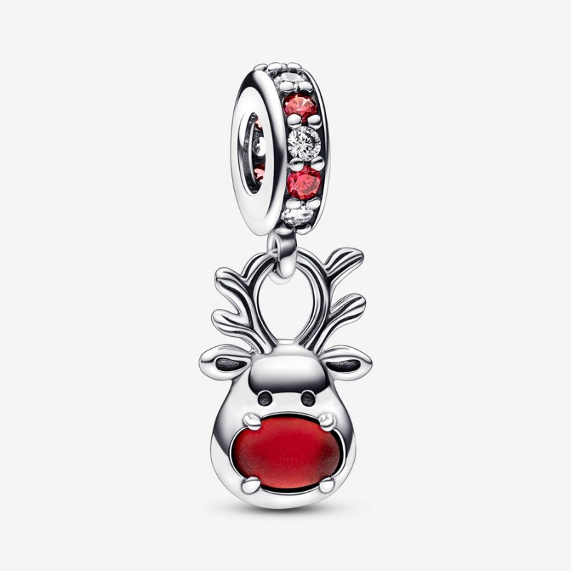 Sterling Silver Pandora Red Nose Reindeer Murano Dangle Dangle Charms | 694-EHOZUS