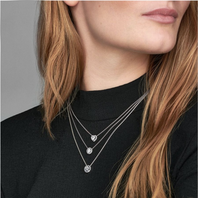 Sterling Silver Pandora Round Sparkle Halo Chain Necklaces | 123-NXRVQE