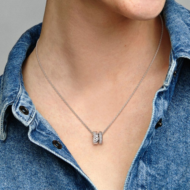 Sterling Silver Pandora Signature Logo Pavé & Beads Pendant Necklaces | 203-OMLZFW