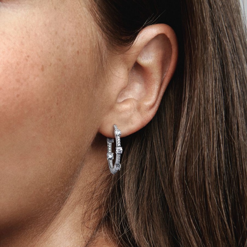 Sterling Silver Pandora Sparkling Pavé Bars Hoop Earrings | 895-QRNSZI