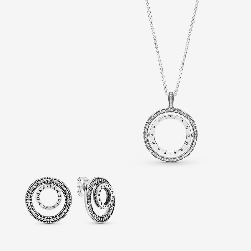 Sterling Silver Pandora Sparkling Pave Circle Jewelry Gift Set Necklace & Earring Sets | 534-CEJTGB
