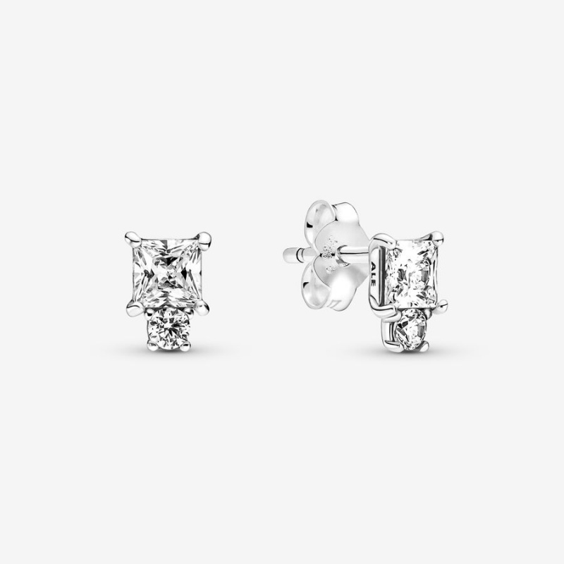 Sterling Silver Pandora Sparkling Round & Square Stud Earrings | 352-UZGLAI