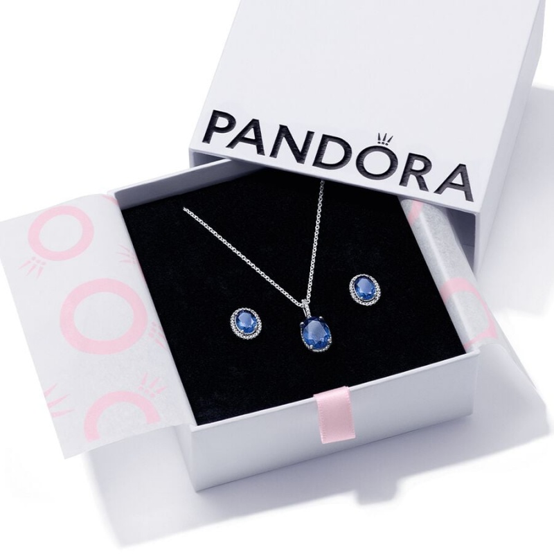 Sterling Silver Pandora Sparkling Statement Halo Jewelry Gift Set Necklace & Earring Sets | 479-IQAJBX