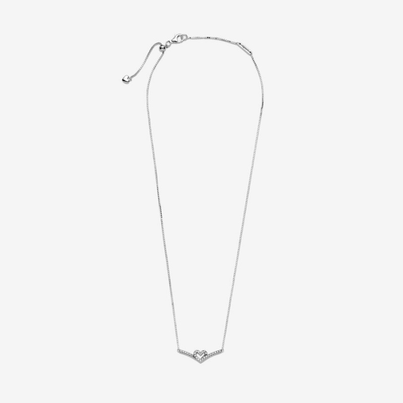 Sterling Silver Pandora Sparkling Wishbone Heart Collier Pendant Necklaces | 248-NPIOYM