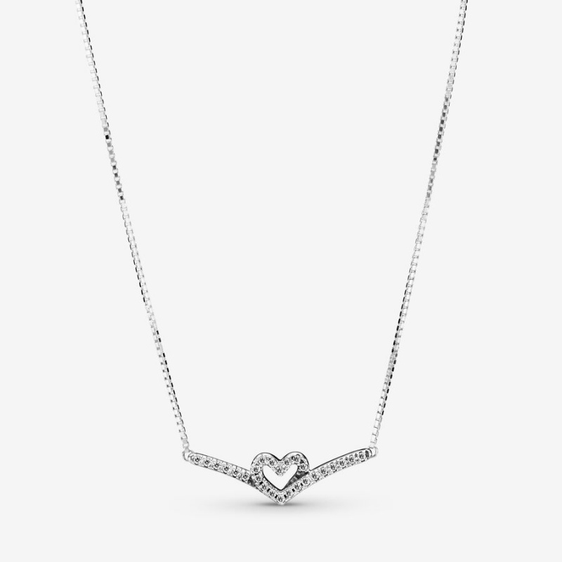 Sterling Silver Pandora Sparkling Wishbone Heart Collier Pendant Necklaces | 248-NPIOYM