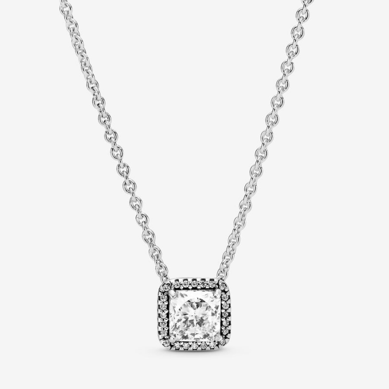 Sterling Silver Pandora Square Sparkle Halo Chain Necklaces | 712-DZVHJA