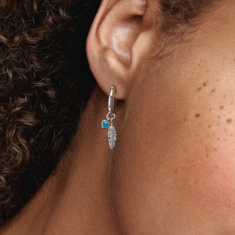 Sterling Silver Pandora Turquoise Hearts and Feather Drop Earrings | 062-VRFSOI
