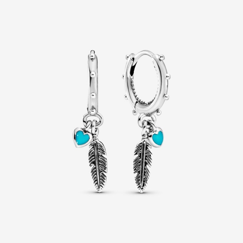 Sterling Silver Pandora Turquoise Hearts and Feather Drop Earrings | 062-VRFSOI