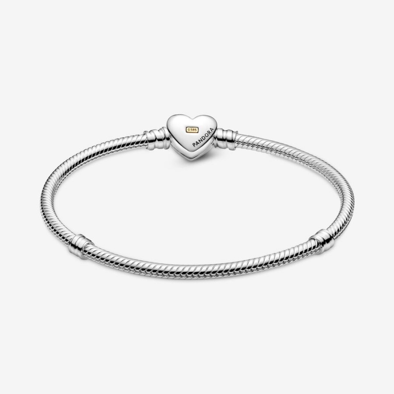 Two-tone Pandora Domed Golden Heart Clasp Snake Charm Bracelets | 137-XGYHKS