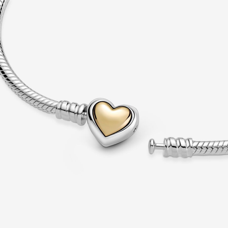 Two-tone Pandora Domed Golden Heart Clasp Snake Charm Holders | 385-UQVCZJ