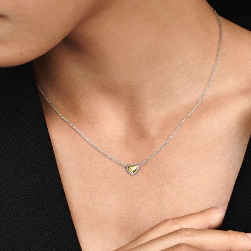 Two-tone Pandora Domed Golden Heart Collier Pendant Necklaces | 125-EISVAD